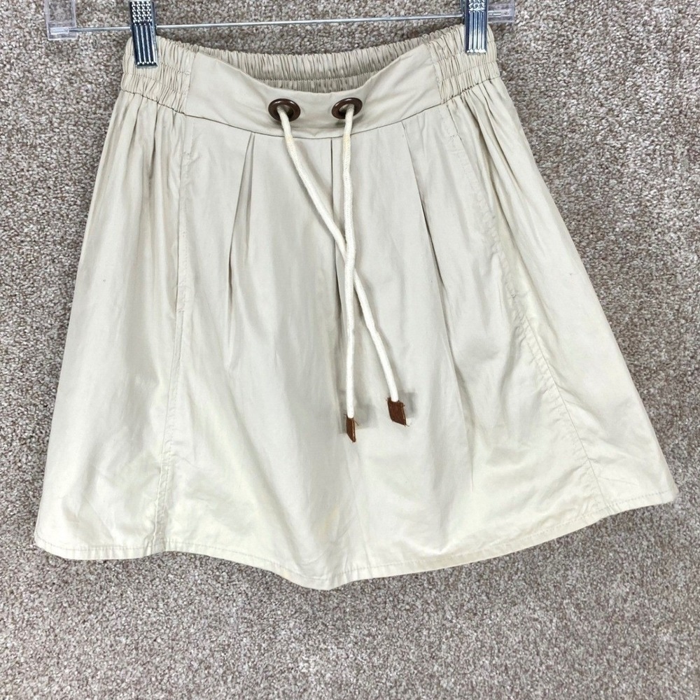 Zara Pleated Drawstring Mini Skirt Womens XS Beige Elastic Waist Cotton Coastal